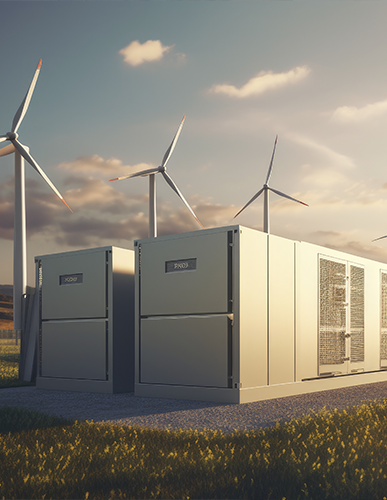 A rendering of an energy storage system with wind mills in the background.