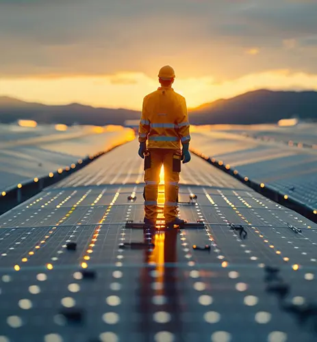 A person standing on top of a solar panel.