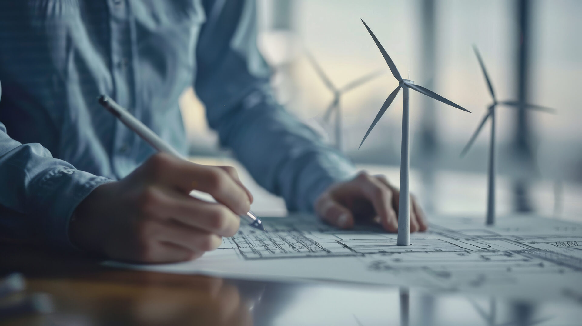 A person writing on paper with wind turbines in the background.