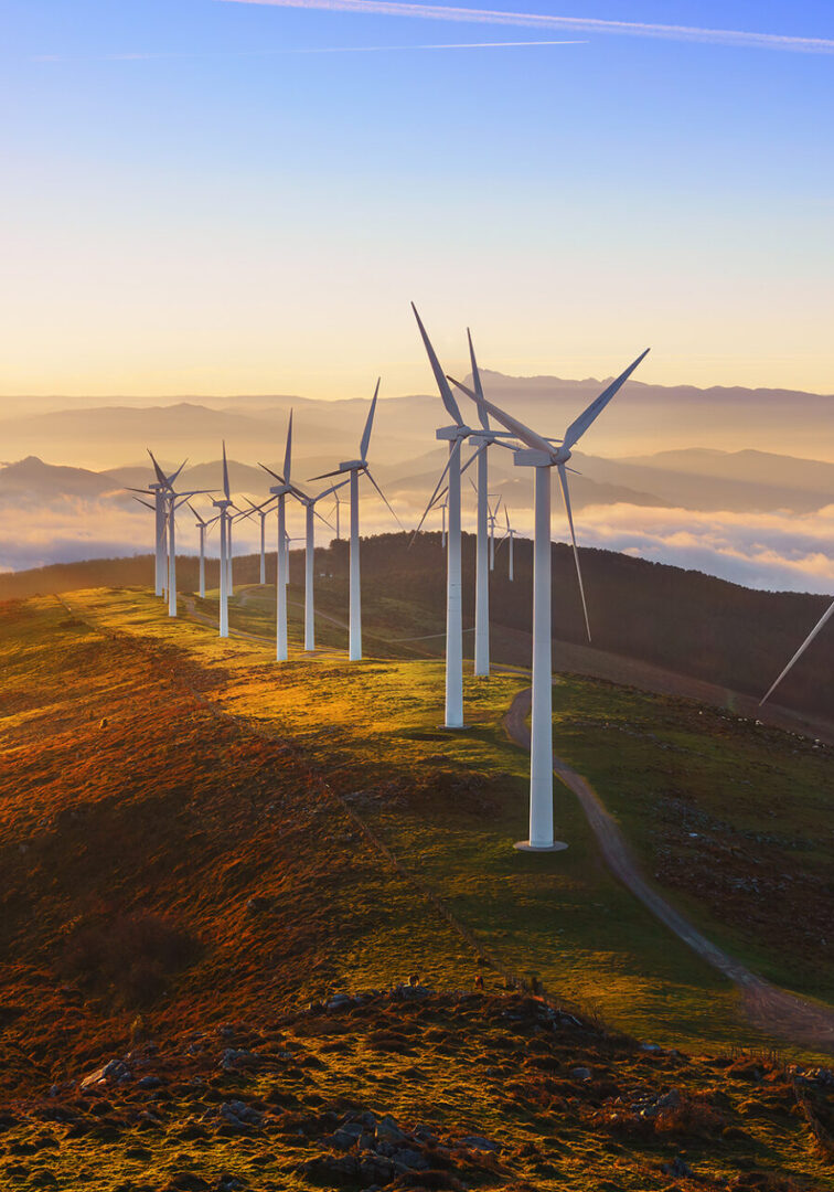 A group of wind turbines on top of a hill.